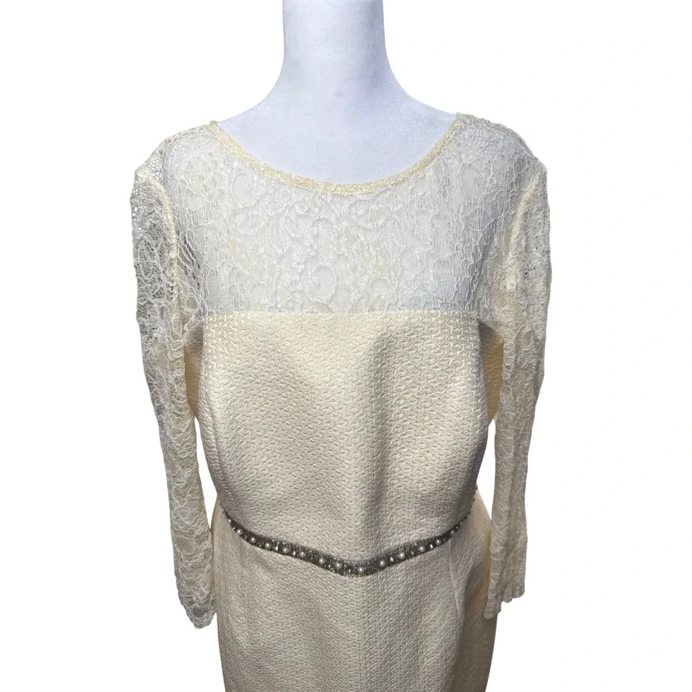 Sonia Pena Lace Sheath Dress Womens 16 Ivory Beaded Waist Formal Event MSRP $450